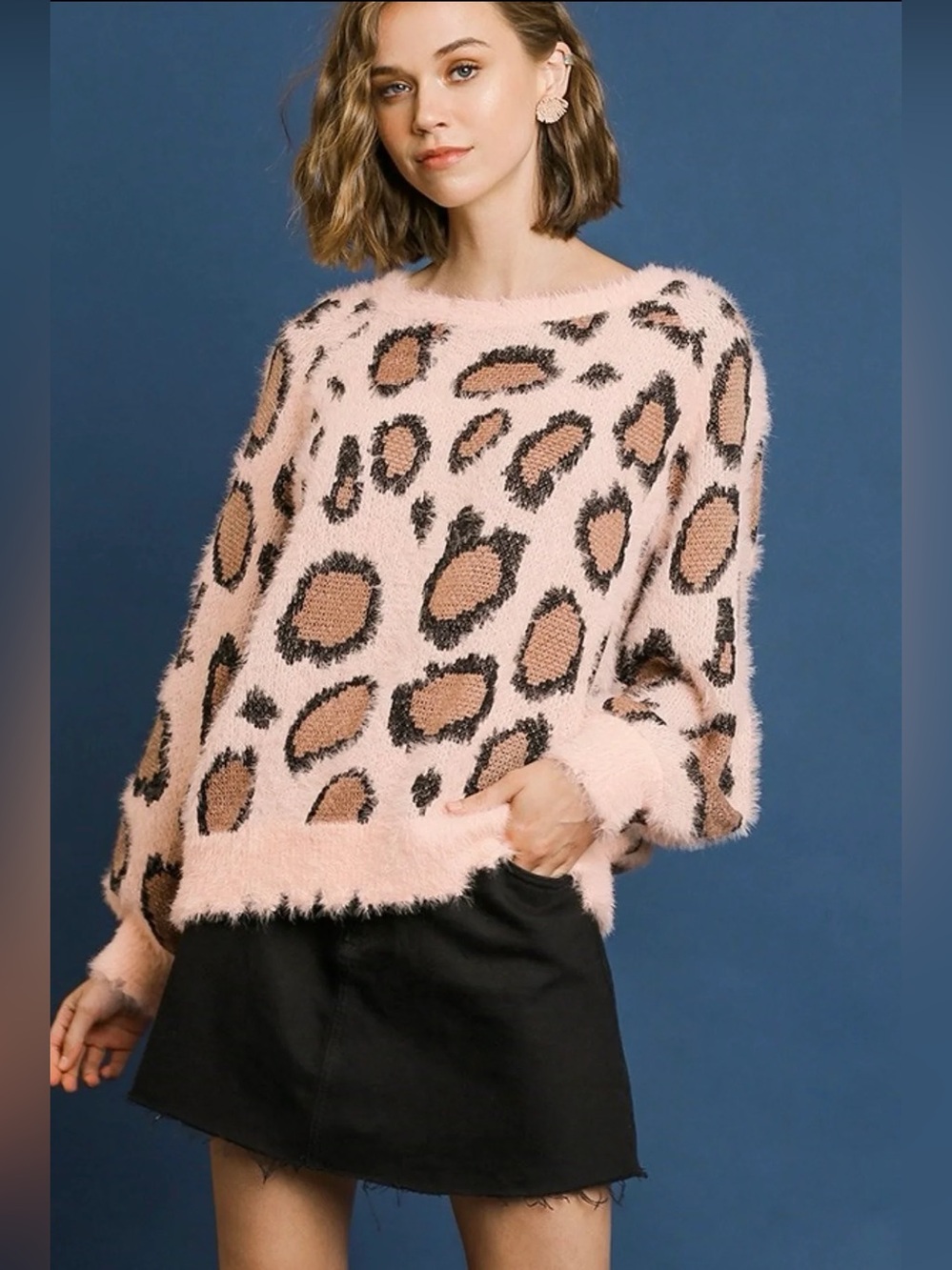 Umgee Leopard Print Fuzzy Sweater Pink Animal Print Oversized Size Small
